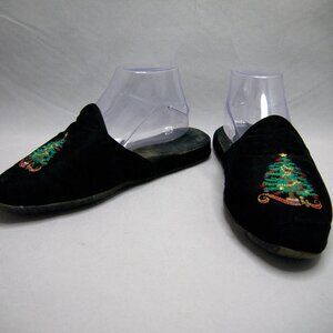 Vintage Velvet Christmas Slippers Embroidered House Shoes with Leather Sole